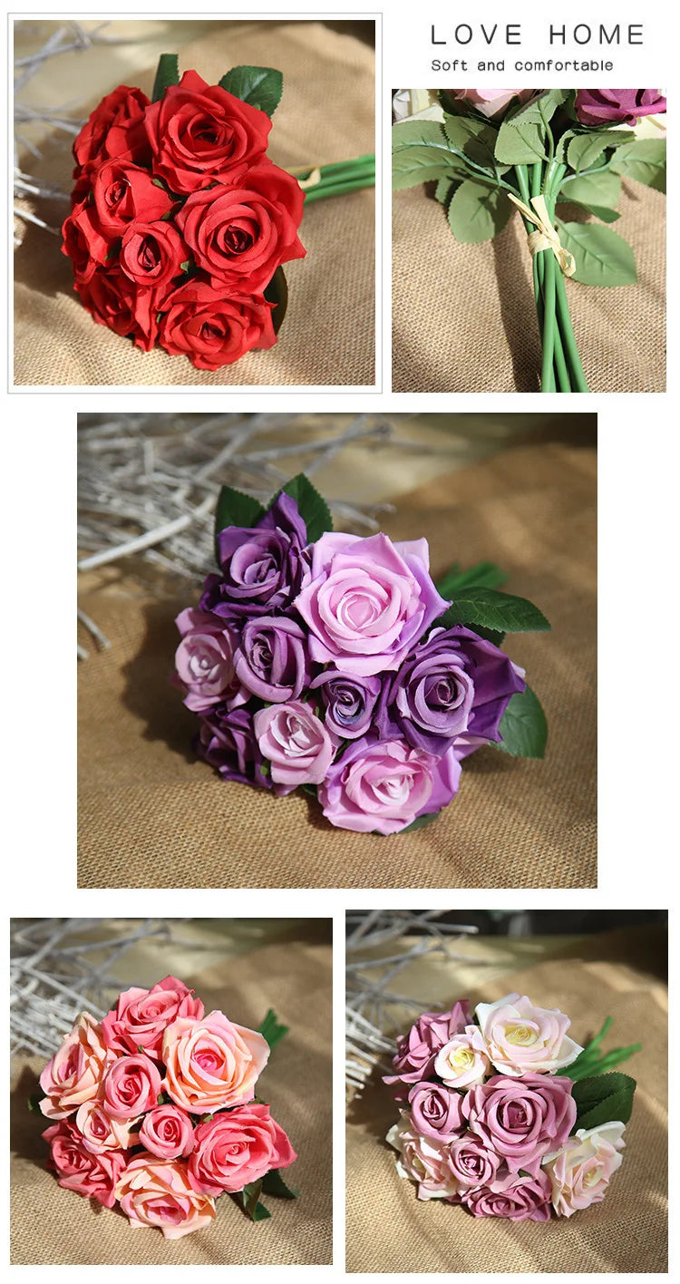 9 Head Artificial Bouquet Rose Bouquet Wedding Decor Artificial Flower Home Decoration Accessories Silk Flowers