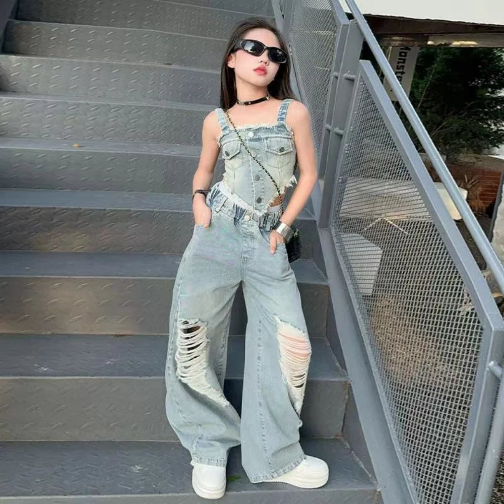 Girl Summer 2025 Halter Vest Ripped Wide-Leg Pants Two-Piece Set Kids Casual Harbor Flavor Simple Style