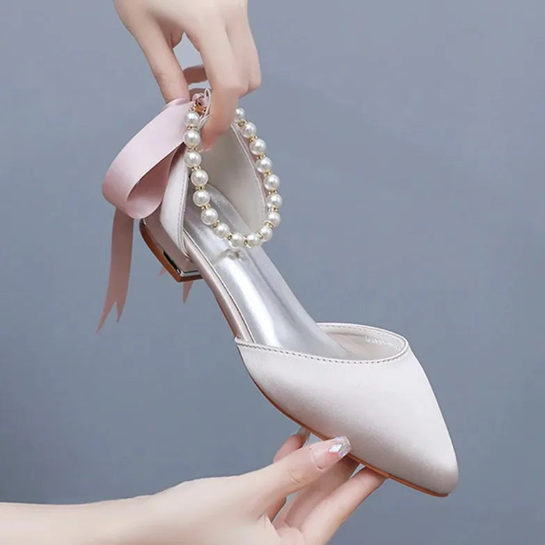 Wedding Shoes Bride Flat Heel Pointed Hollow Sandals Women White Satin Beaded Bride's Wedding Dress Shoes Sandalias De Mujer