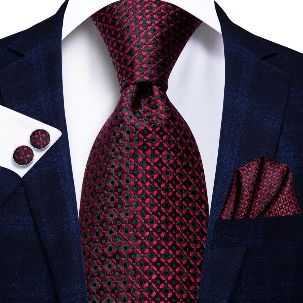 Hi-Tie Designer Red Burgundy Plaid Silk Wedding Tie For Men Handky Cufflink Gift Mens Necktie Fashion Business Party Dropshiping
