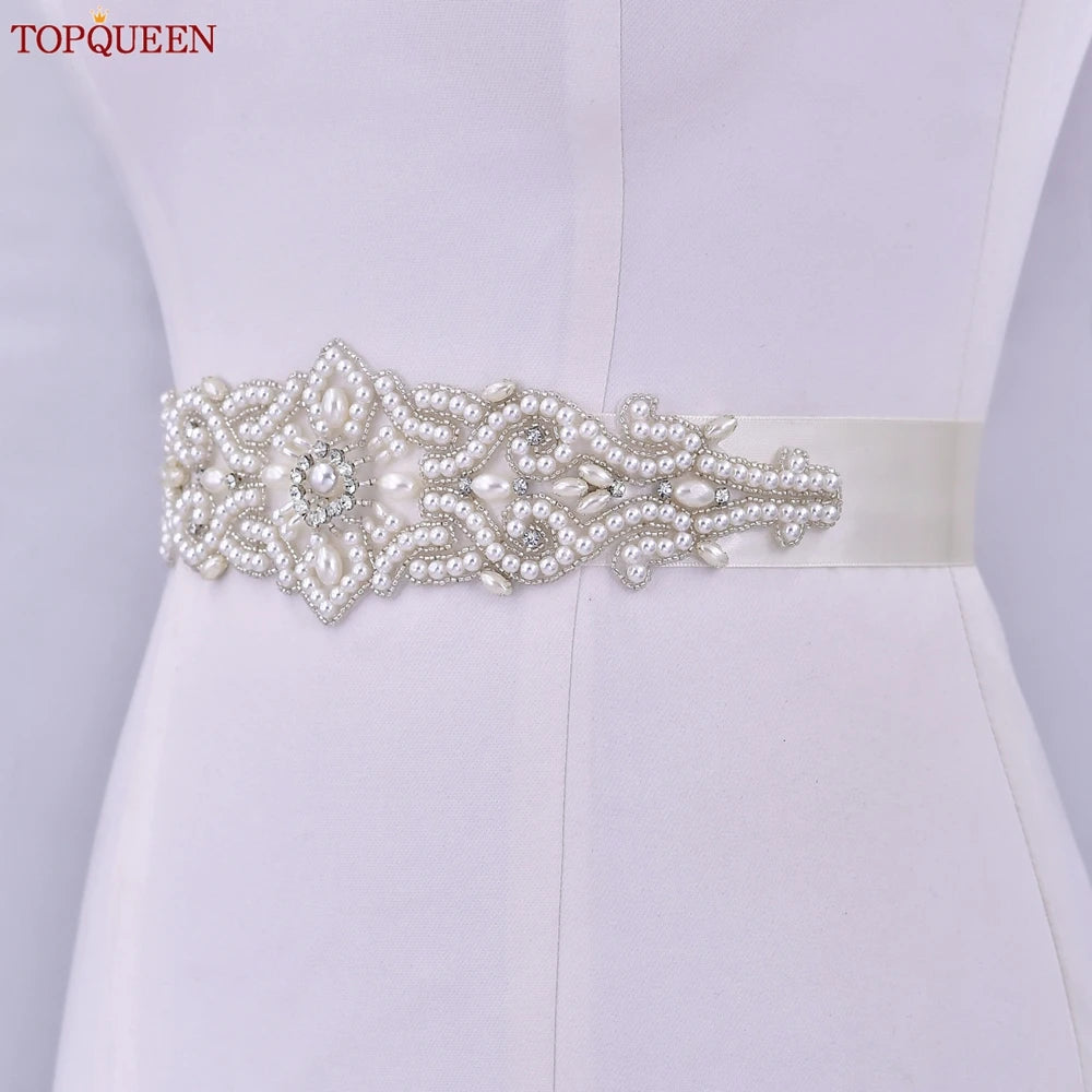 TOPQUEEN Wedding Dress Belt Luxury Full Pearl Bridal Belt Women Moroccan Decoration Satin Ribbon Belt Handmade Beaded S26A