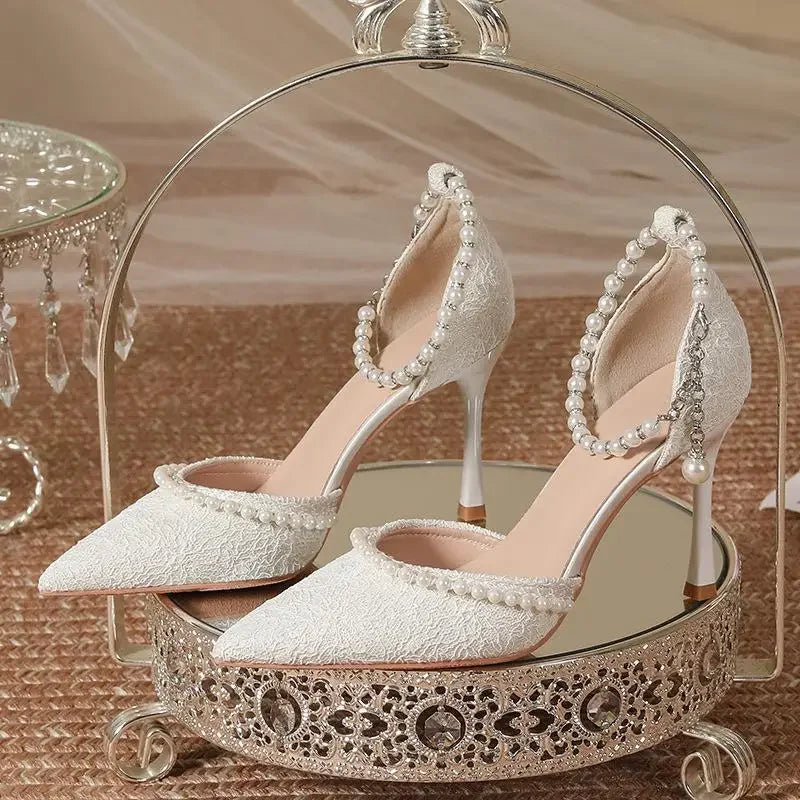 Size 30-44 Pearls Strap High Heels Lace Women White Wedding Shoes Stiletto Heel Point Toe Bride Bridesmaid
