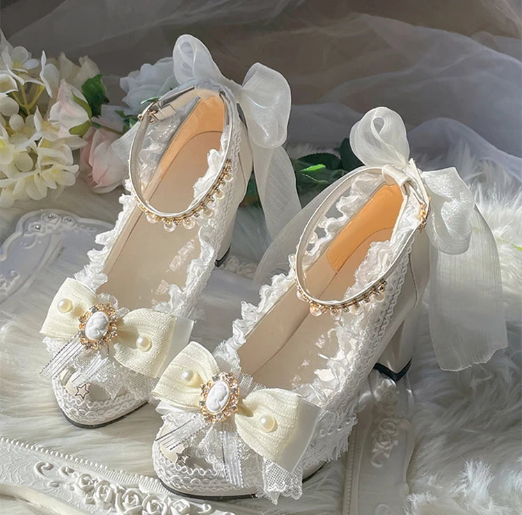 Original Handmade Lolita High Heels Heavy Industry Feather Stitching Pearl Bow Lace Platform Shoes Round Head Princess Heels