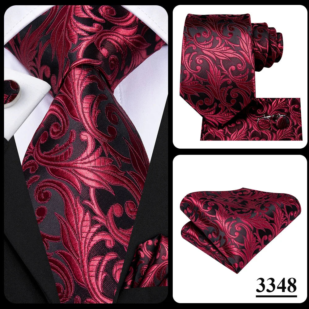 Hi-Tie Designer Red Burgundy Plaid Silk Wedding Tie For Men Handky Cufflink Gift Mens Necktie Fashion Business Party Dropshiping