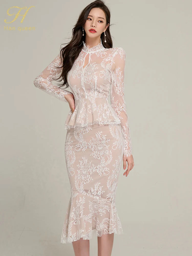 Spring Professional Woman Lace 2 Pieces Set Simple Tops + Vintage High Waist Mermaid Skirt Korean Skirts Suits