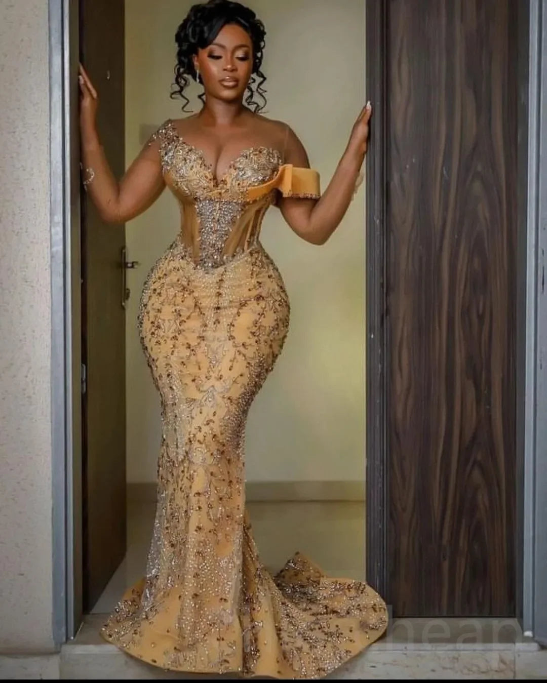 Customized Arabic Aso Ebi Gold Mermaid Prom Dresses Beaded Crystals Evening Formal Second Reception Birthday Engagement Gowns