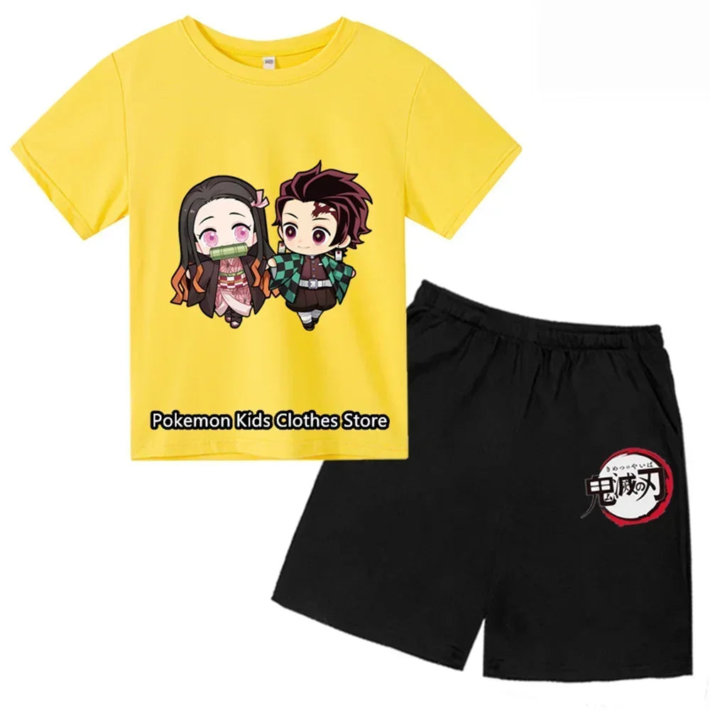 Boys Girls Clothes Set Summer Cartoon Demon Slayer T shirt+Short Pants 2pcs Children Clothing Teen 1 2 3 4-14 Year Kids Suit