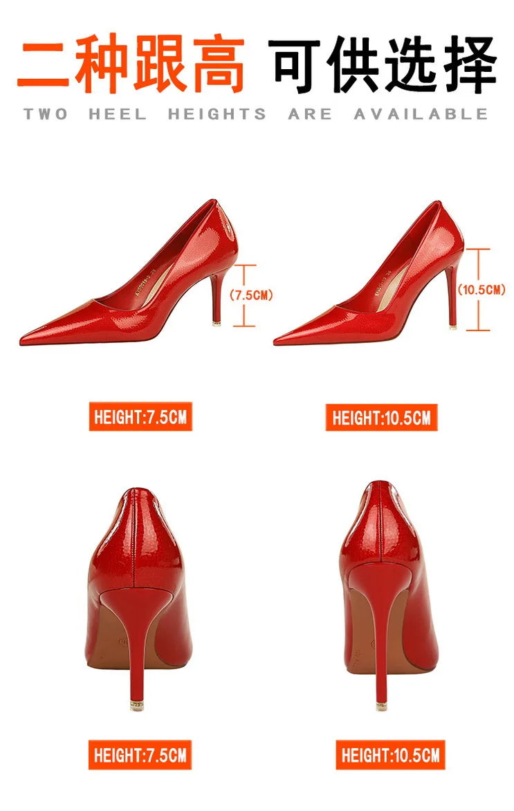 BIGTREE Elegant Simple Woman Heels Slim Heels High Heels Shallow Mouth Pointed Crystal Patent Leather Single Shoes Women Shoes