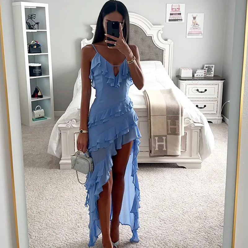 Women's dress solid color sexy suspender backless sleeveless irregular ruffle edge dress formal dress