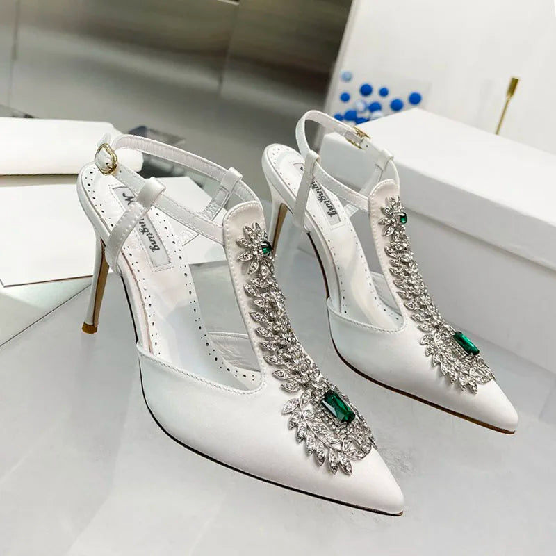 Ladies Wedding Shoes Rhinestone Pointed Toe High Heels Satin Gemstone Stiletto Sandals 2022 New Baotou Fairy Pump Wedding Shoes