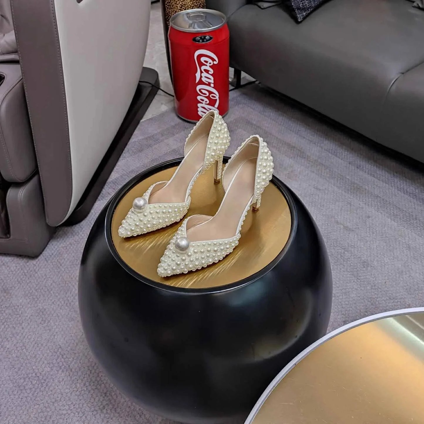 Summer Sandals Classic Women Shoes Round Toe High Heels Pearl Decor Genuine Leather Buckle Strap Women Sandals Sapato Feminino