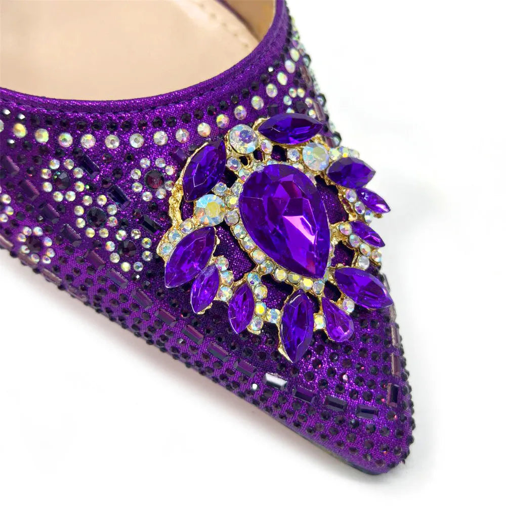 Nigerian Heel Party for Women Blue Color Shoes and Bag Set Rhinestone Handbag Italian Design Wedding INS 2025
