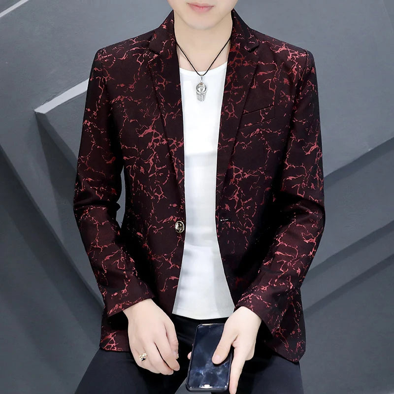 The Main Push Burst Casual Small Suit Trend Pattern Personality Coat Spring and Summer Coat Comfortable Handsome Men's Clothing