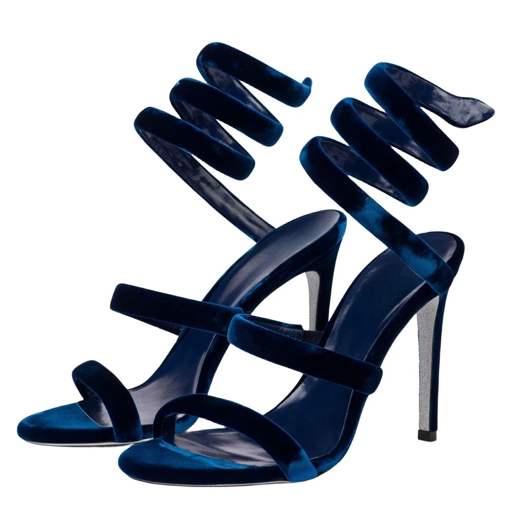 Summer new round toe silk ribbon snake-shaped wrapped sexy sandals thin high-heeled banquet dress large size women's shoes
