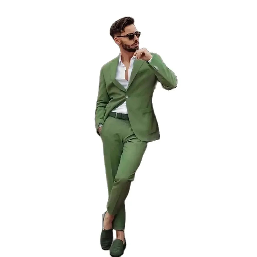 Formal Suit for Men Green Slim Fit Costume Homme Single Breasted Peak Lapel Skinny 2 Pieces Jacket Pants Male Party Clothing