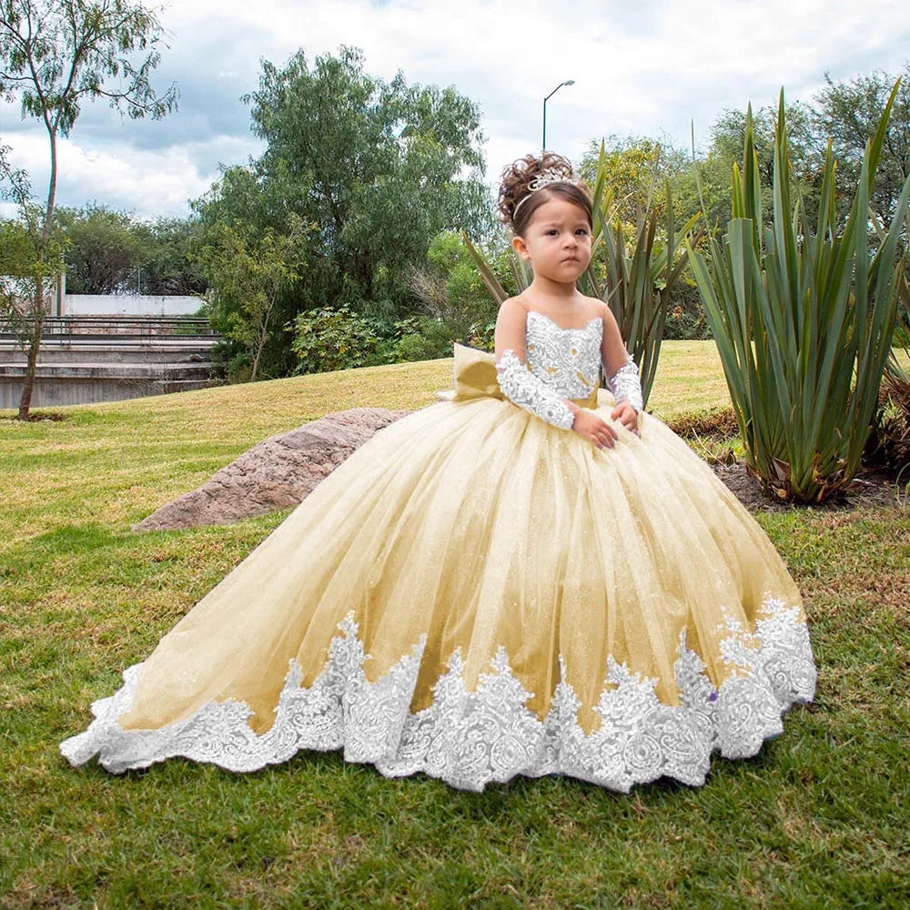 Long Sleeves Flower Girl Dresses For Weddings Toddlers Satin Bow Ball Gown Pageant Dress Sparkly 1st Communion Party Gowns