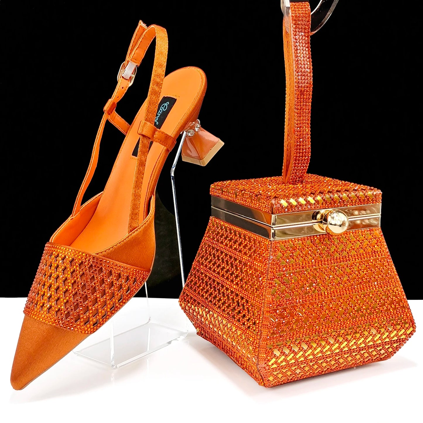 Newest Elegant Mature Style Black Color Party Wedding High Heel Pointed Toe Women Shoes and Bag full of Sequins Decoration