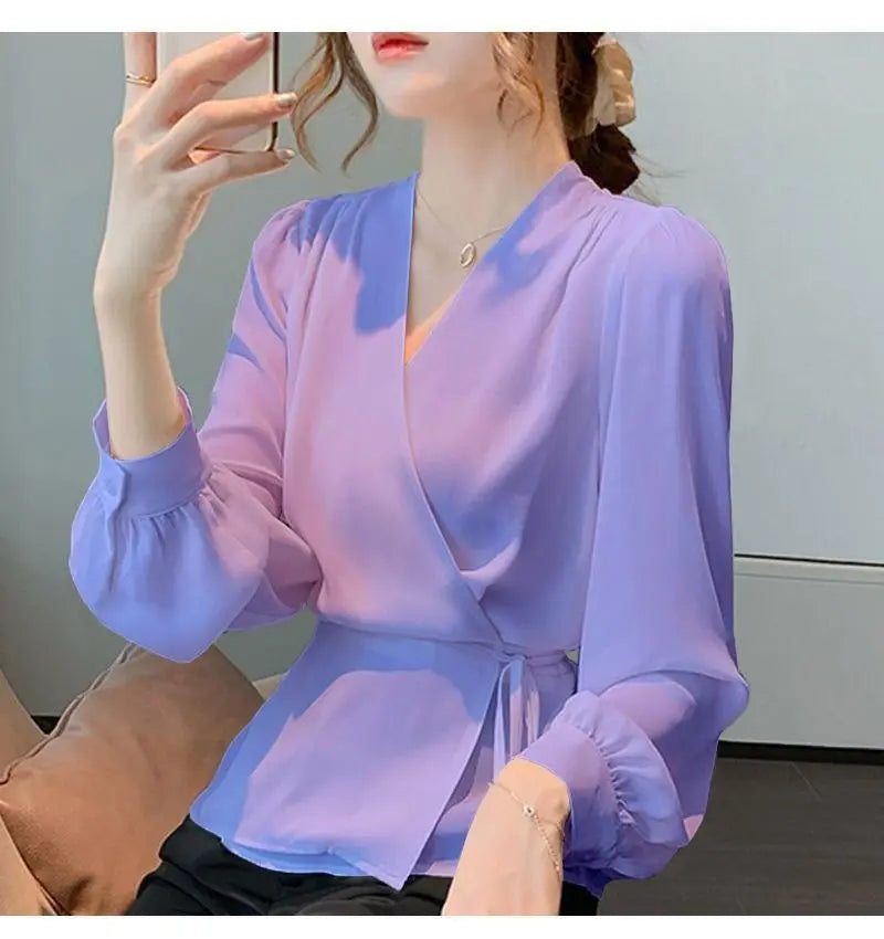 Stylish V-Neck Solid Color All-match Bandage Chiffon Shirt Women's Clothing 2025 Spring New Loose Korean Tops Irregular Blouse