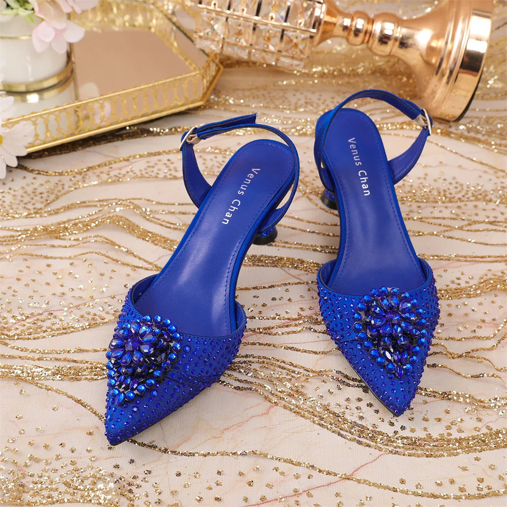 Luxury Elegant High Heels Royal Blue Color Diamond Embellished Pointed Toe Women's Shoes for Wedding Party Casual 2025 Style