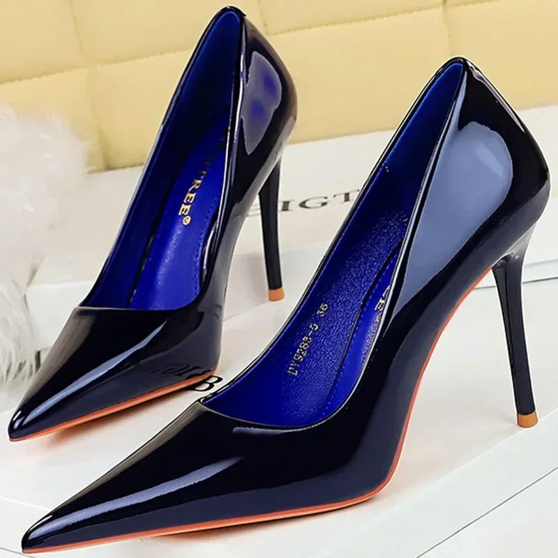 Women 7cm High Heels Career Temperament Work Pumps Lady Stiletto Heels Glossy Leather Fetish Royal Blue Nude Party Concise Shoes