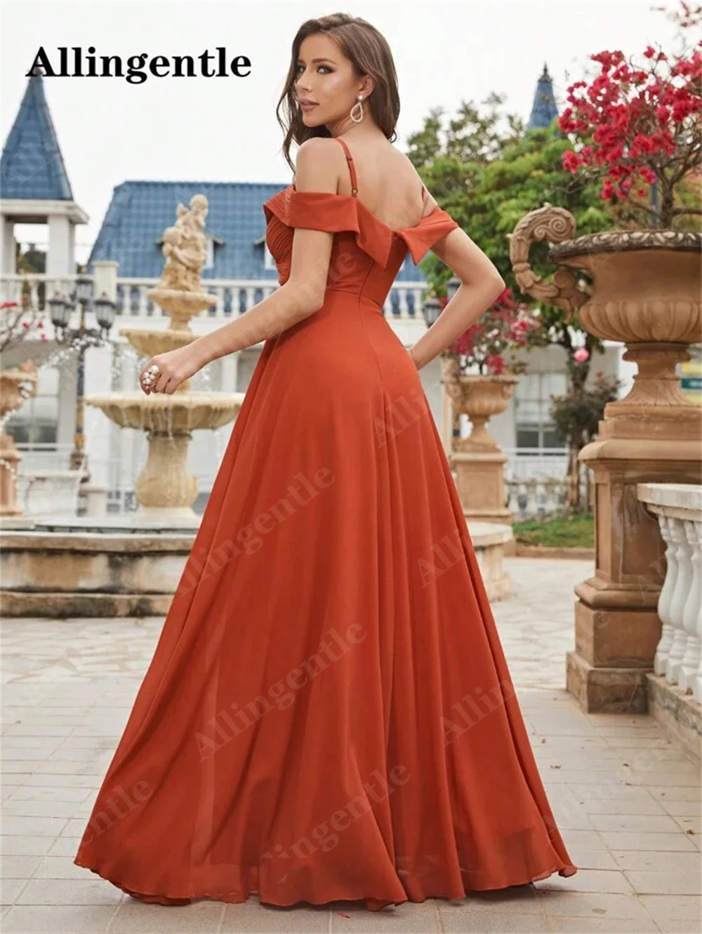 Allingentle Burnt Orange V-Neck Bridesmaid Dress Chiffon Spaghetti-Straps Cold Shoulder Ruched A-Line Floor Length Evening Gowns