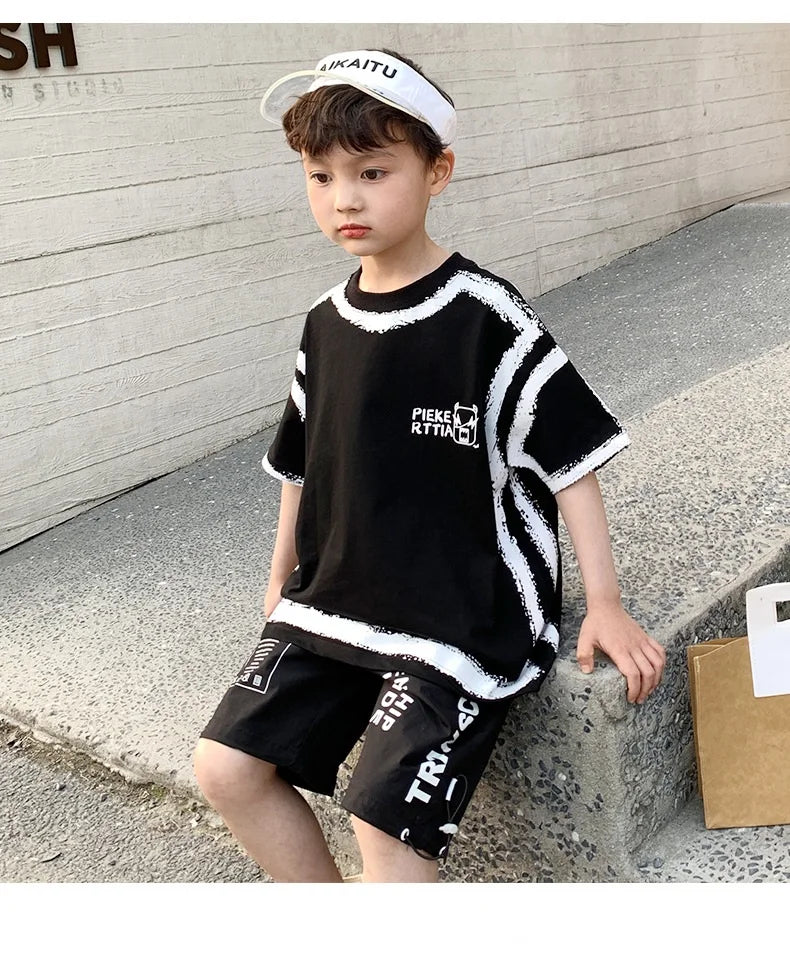 Summer Casual Boys Cotton Contrast Alphabet Graffiti t-Shirt Top+Shorts Pant Set School Kids Tracksuit Child 2PCS Outfit 5-14 Yr