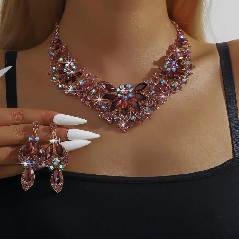 Wedding Bride Necklace Earrings Set Luxurious Simple Flower Rhinestone Clavicle Chain Necklace Eardrop Party Banquet Accessories
