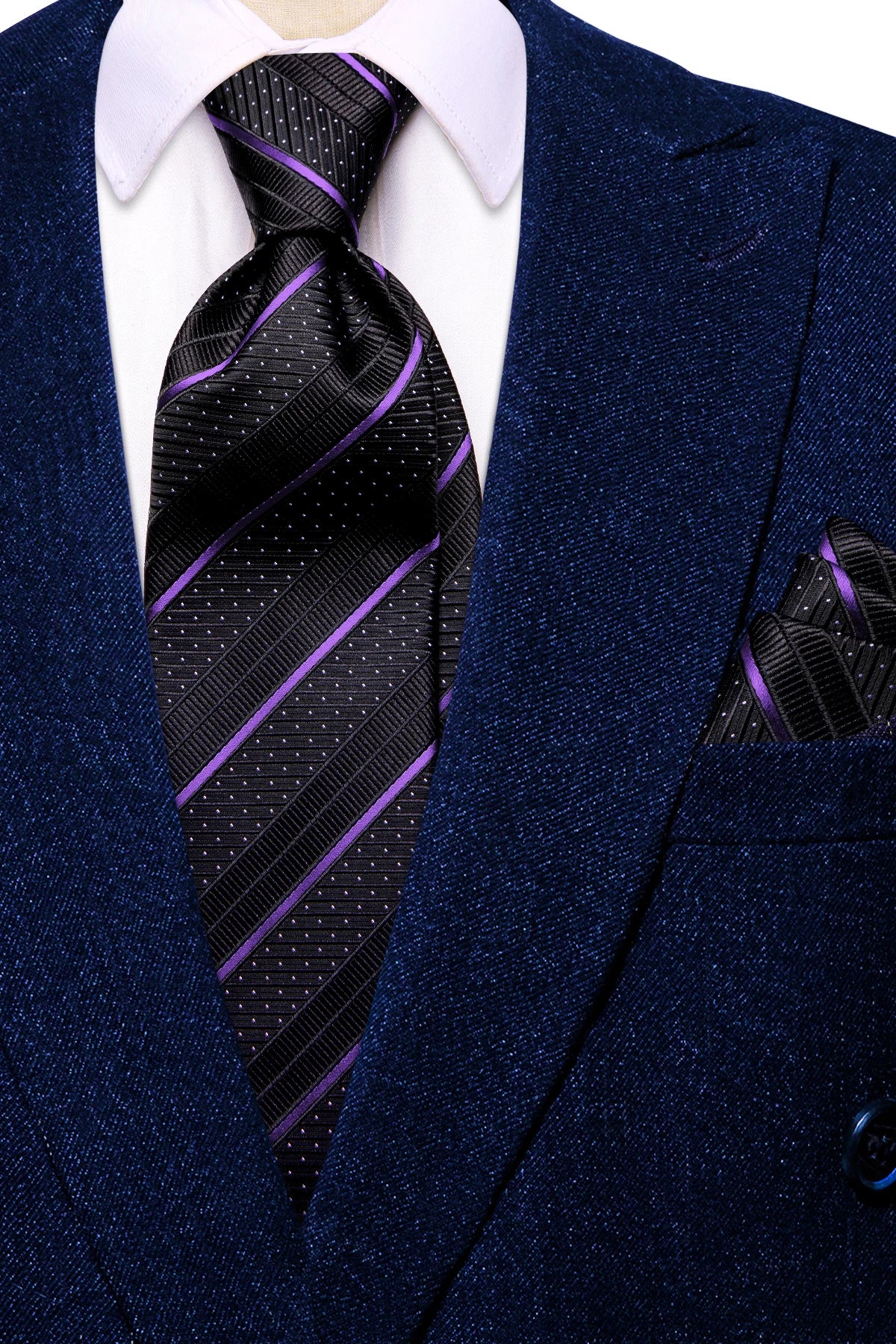 Hi-Tie Striped Black Purple Red Green Men Elegant Necktie Hanky Cufflinks for Tuxedo Fashion Classic Silk Luxury Tie for Man