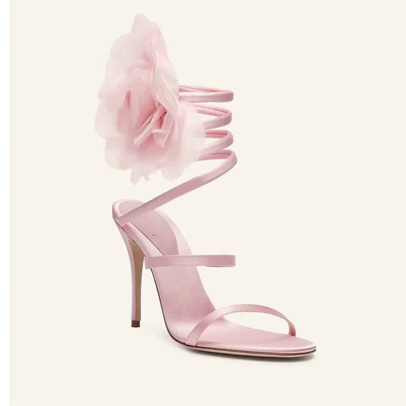 Flower Slender Straps Coiled Snakes Wrap Stiletto Sandals Woman Summer 2025 Open Toe Ankle Strap Slingback High Heels Shoes