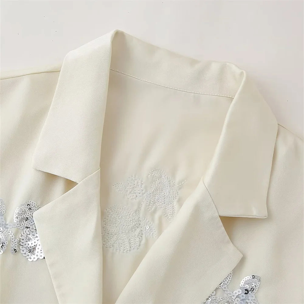 Zach Ailsa 2024 Summer New Product Women's Fashion Loose Lace up Suit Coat Beaded Silk Texture Long Pants Casual Set