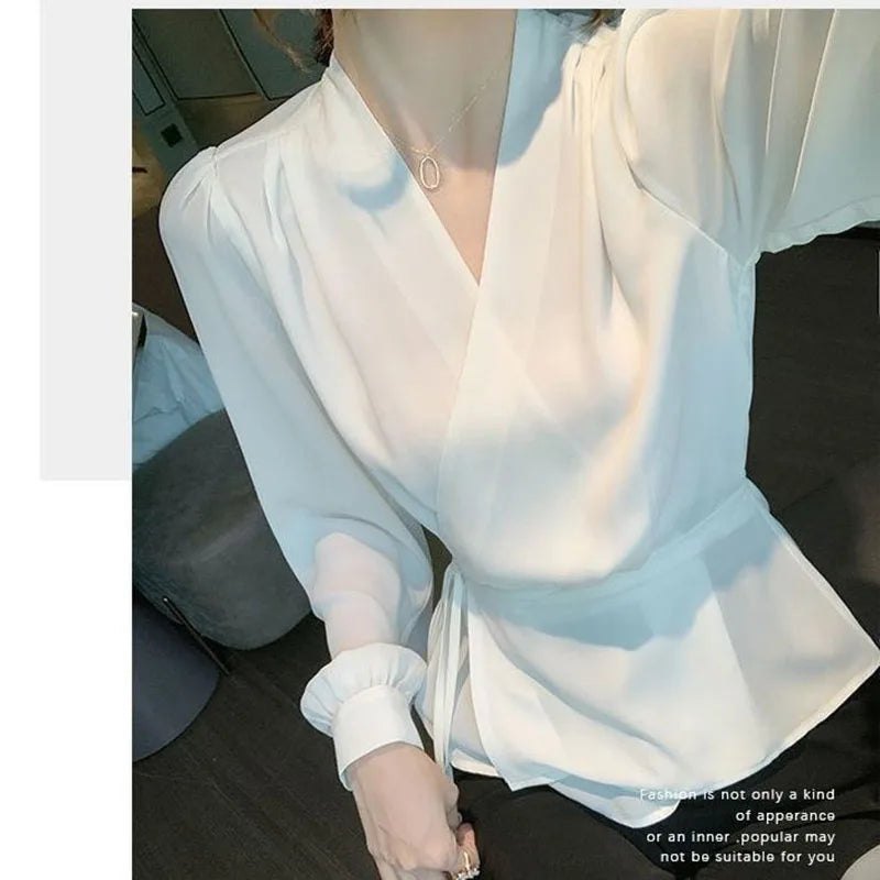 Stylish V-Neck Solid Color All-match Bandage Chiffon Shirt Women's Clothing 2025 Spring New Loose Korean Tops Irregular Blouse