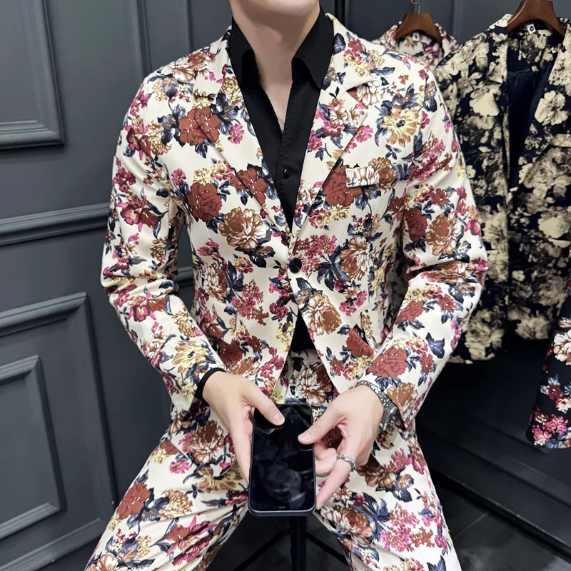 Suit (Blazer+ Pants) Men's Fashion Gentleman Slim Fit Business Outdoor Printed Gentleman Fine Cotton Wedding Work Casual Suit