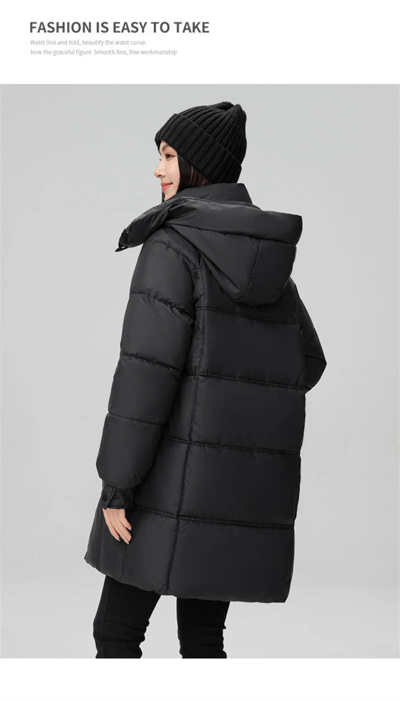 2024 New Winter Women Jacket Mid Long Hooded Parka Cotton Padded Jacket Female Parkas Loose Casual Warm Outwear Snow Wear Coats