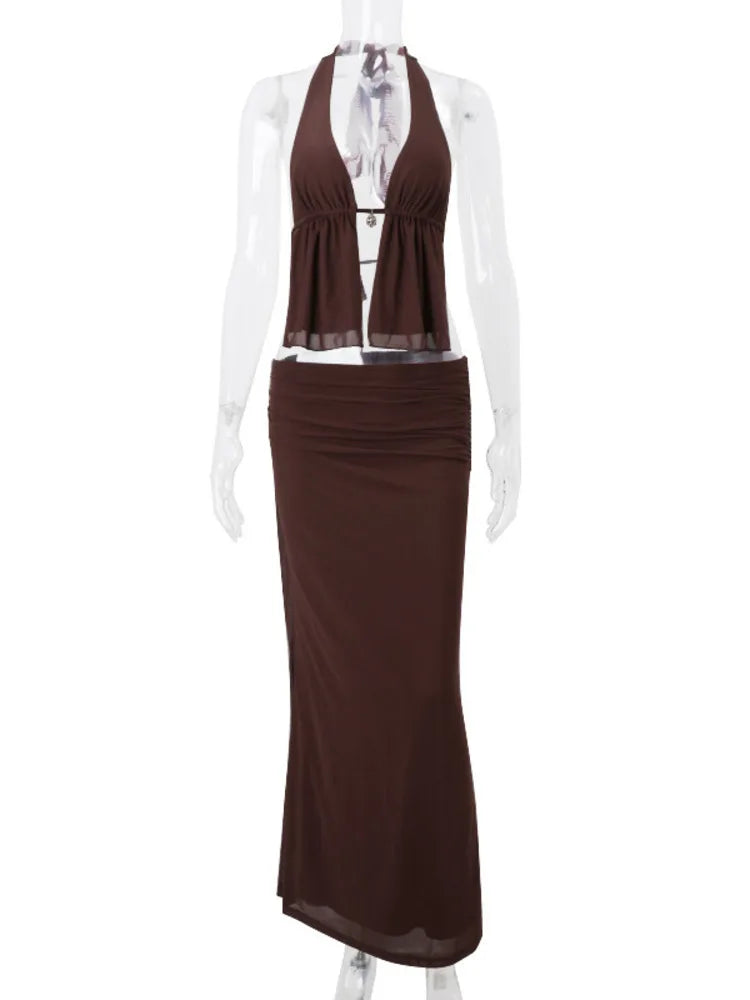 Mozision Hollow Out Lace-up Sexy Skirt 2 Piece Sets Women Brown Halter Crop Tops And Maxi Skirt Female Skinny Sexy Two Piece Set