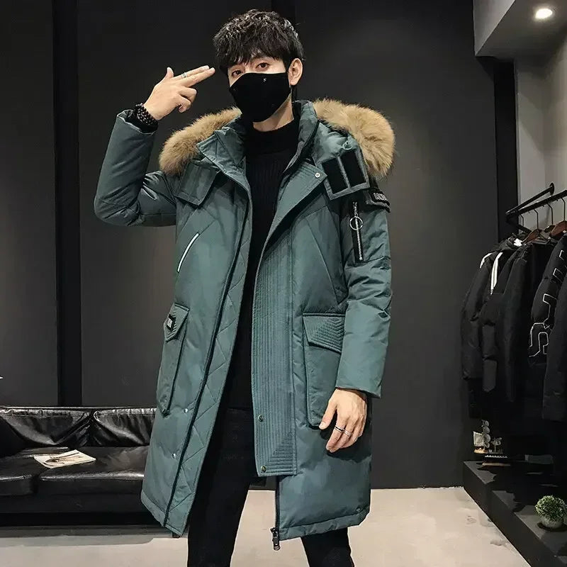 Men's Thickened Down Jacket Hooded Faux Fur Collar Winter Long Parka Jacket Outdoor Street Fashion Jacket Men's Clothing 2024