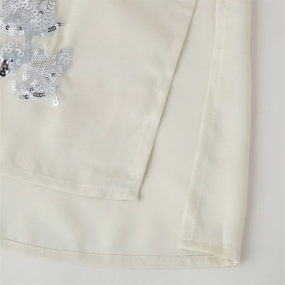 Zach Ailsa 2024 Summer New Product Women's Fashion Loose Lace up Suit Coat Beaded Silk Texture Long Pants Casual Set