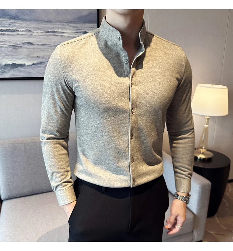 Winter Men Woolen Shirt with British Style Solid Casual Stand Up Collar Thick Warm Wool Formal Dress Shirt Fashion Men Clothing