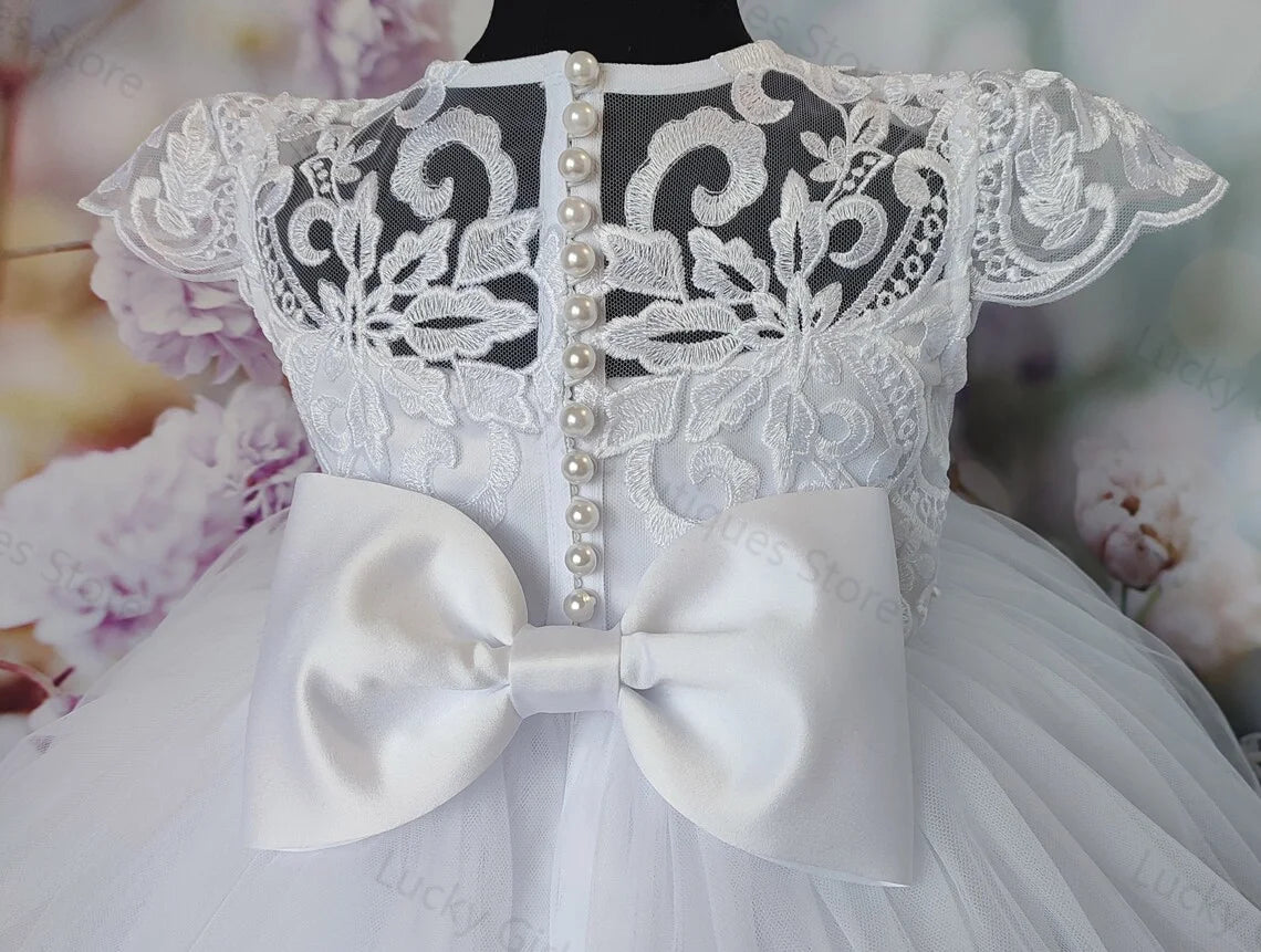 White Ball Gown Baby Christening Gowns Lace Appliques Bows Girls Baptism Pearls Newborn Kids Birthday First Communion Dresses