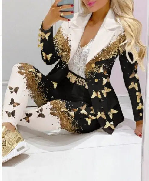 Fashion Butterfly Print Blazer Suit and Pants Two Piece Set for Women 2023 Autumn Winter Outfit Office Lady Casual Clothing