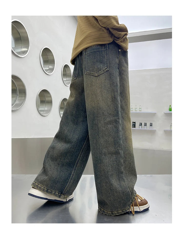 Autumn Winter School Boy Insulate Jeans Denim Pants Streetwear Child Retro Blue Straight Cut High Waist Warm Thermal Trousers