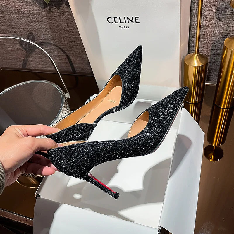 High Heels 2024 Summer New Fashion Versatile Black Rhinestone Single Shoe Red Sole Slim Heel Temperament Women's Shoes