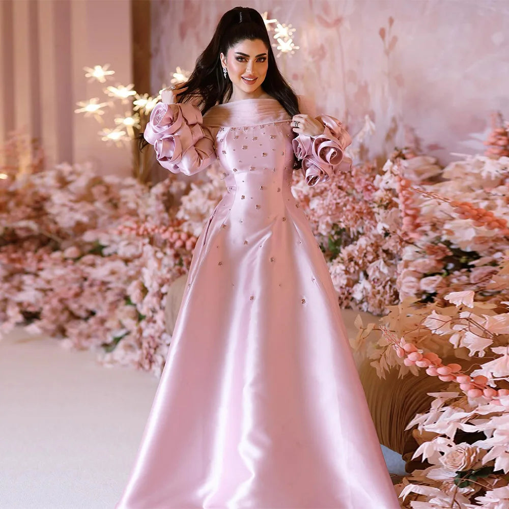 Pink Arabic Evening Dress Customized Boat Neck Flowers Long Sleeves Crystal A Line Satin Prom Gown Special Occasion Dresses