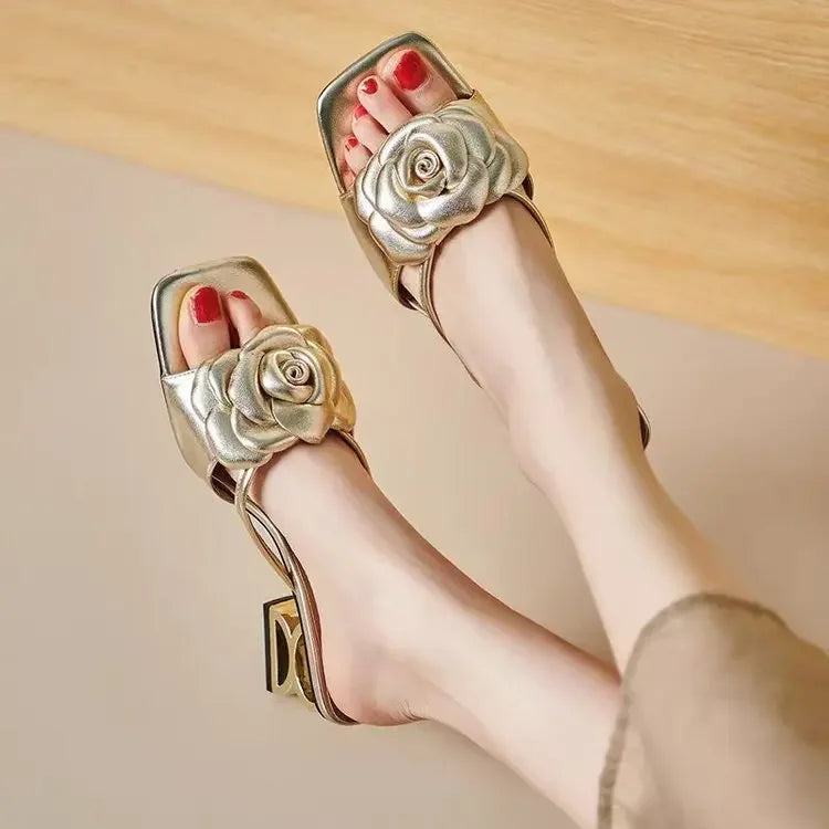Women Shoes 2025 New Summer Big Size 34-42 Fashion Flowers Black Beige Gold Dress Party Wedding Female Sandals Shoes
