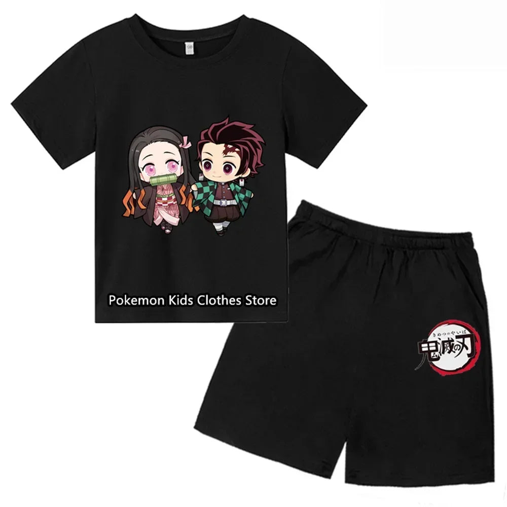 Boys Girls Clothes Set Summer Cartoon Demon Slayer T shirt+Short Pants 2pcs Children Clothing Teen 1 2 3 4-14 Year Kids Suit