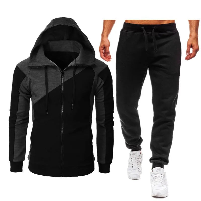 Men's Sets, Athletic two-tone patchwork jacket, long sleeves and long pants, hooded casual sports men's suit