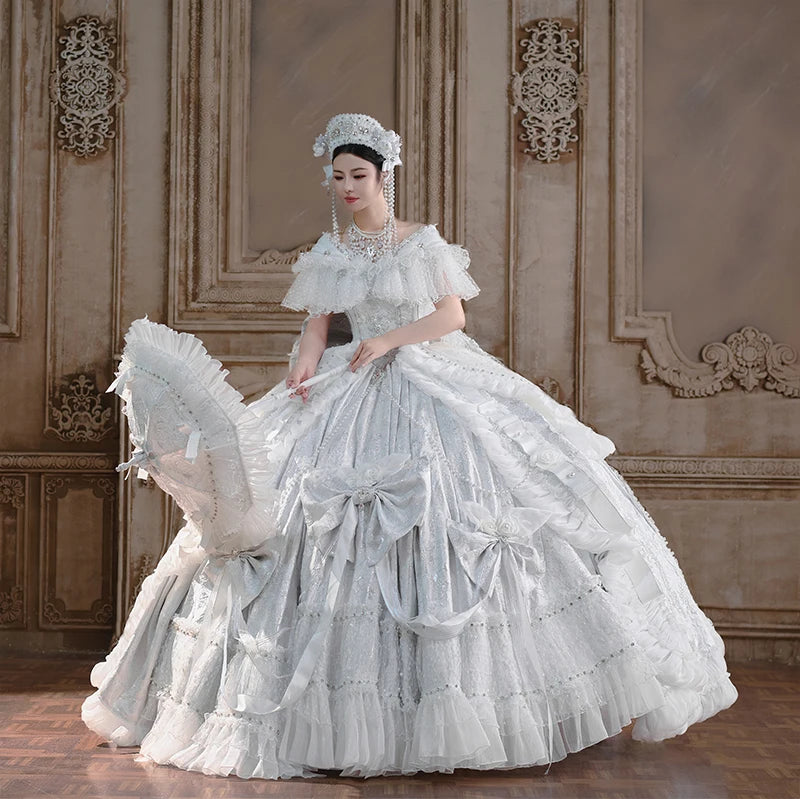 A luxurious wedding dress with lace beaded water heavy craftsmanship and elegant one-shoulder design