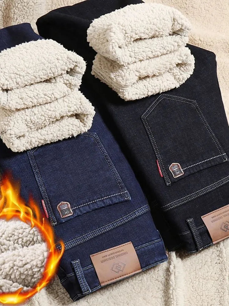 Winter New Fashion Trend Solid Color Plus Plush Thick Warm Jeans For Men's Casual Loose Sports Straight Leg Elastic Jeans 28-40