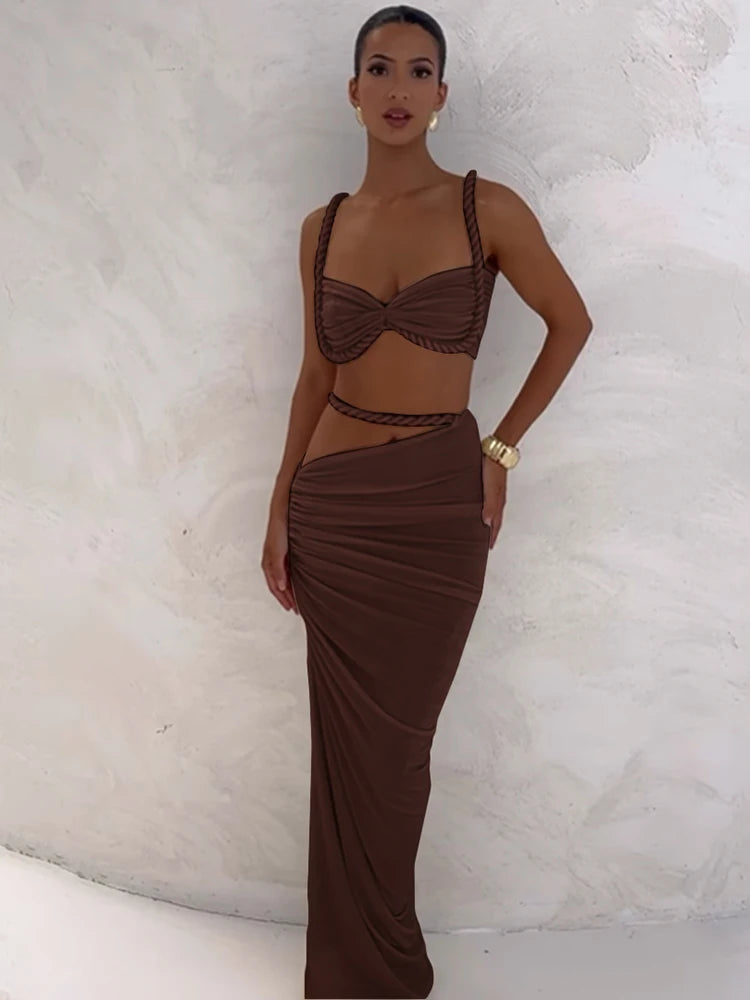 Nibber Sexy Women 2 Piece Set Bandage Ruched Square Collar Bra+Skinny Long Skirts 2025 Summer Vacation Beach Party Trend Suits