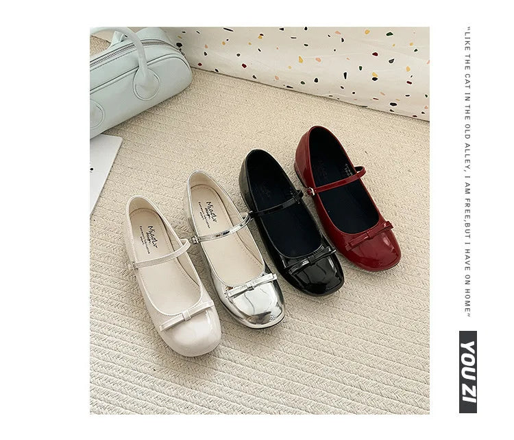 Spring Autumn Wine Red Mary Jane Shoes For Women Low Heel Fashion Butterfly-knot Roud Toe Female Eelgant Dress Leather Shoes