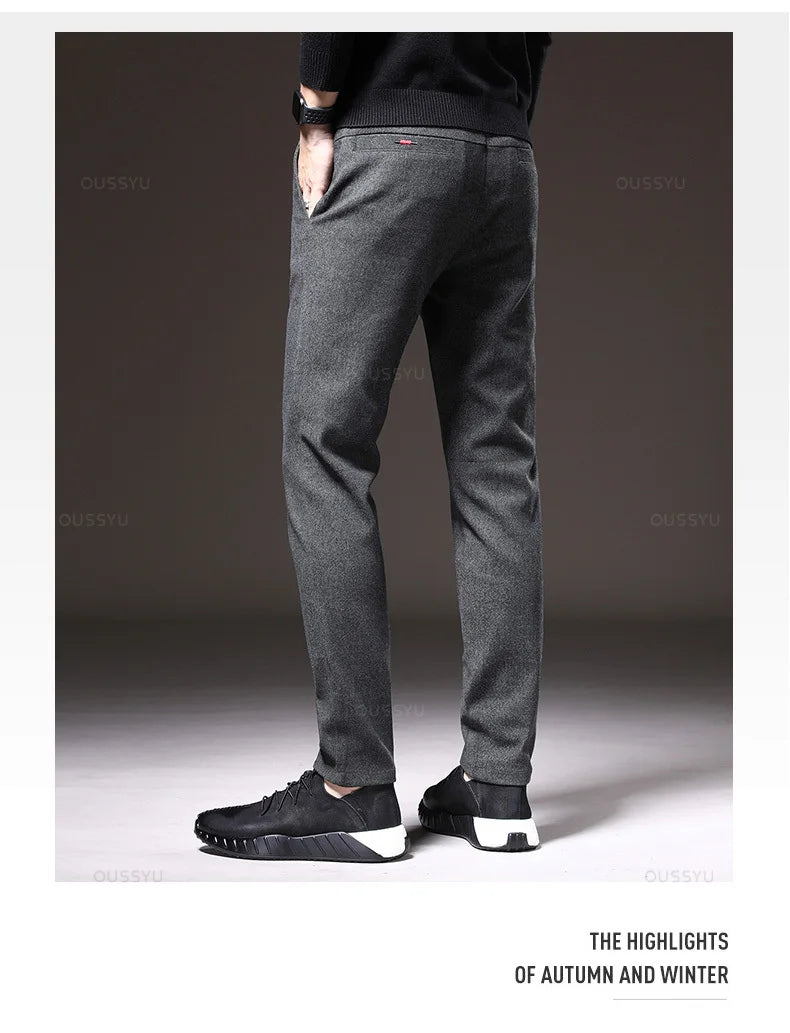 Autumn Winter New Classic Casual Pants Men Thick Business Korea Slim Fit Stretch Gray Blue Black Brushed Fabric Trousers Male